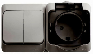 BPA16-242C Блок Серый Schneider Electric Этюд Выключатель двухклавишный + Розетка со шторками, с заземлением c крышкой  IP44