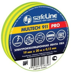 Изолента ПВХ желто-зеленая 19мм 20м Safeline