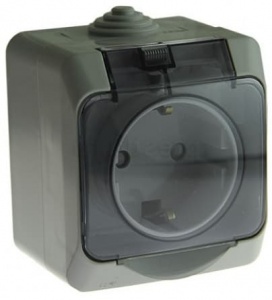 PA16-044C Розетка Серая Schneider Electric Этюд 1-я со шторками, с заземлением с крышкой IP44