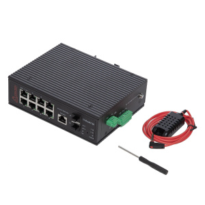 Амадон Промышленный управляемый коммутатор, L2+, 8 портов Ethernet (PoE/PoE++), 2 порта SFP/1G, с датчиком температуры/влажности.