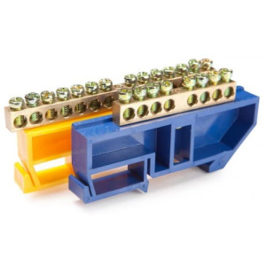 Шина 6x9 N нулевая на большом изоляторе 12 на Din-рейку синяя