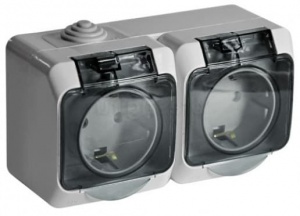 PA16-244C Розетка Серая Schneider Electric Этюд 2-я со шторками, с заземлением c крышкой IP44