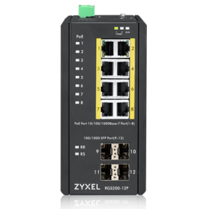 RGS200-12P-ZZ0101F Промышленный L2 PoE+ коммутатор 8xGE PoE+, 4xSFP, крепление на стену/DIN-рейку, IP30, два источника питания DC ZYXEL