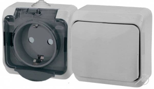 BPA16-241C Блок Серый Schneider Electric Этюд Выключатель одноклавишный + Розетка со шторками, с заземлением c крышкой  IP44