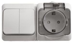 BPA16-242B Блок Белый Schneider Electric Этюд Выключатель двухклавишный + Розетка со шторками, с заземлением c крышкой  IP44