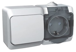 BPA16-246B Блок Белый Schneider Electric Этюд Переключатель одноклавишный + Розетка со шторками, с заземлением c крышкой  IP44