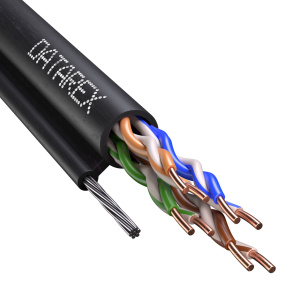 Кабель кат.5е, 4 пары U/UTP, жила 0,51 (+/- 0,01), PE, черный, внешний с тросом, кат 305